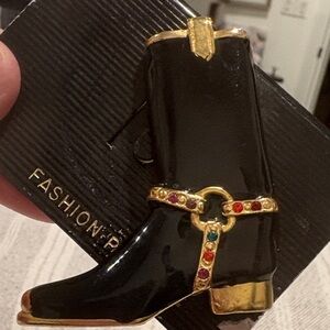 Vintage Black Cowboy Boot Brooch Rhinestone Accent New Shinny Gold Metal